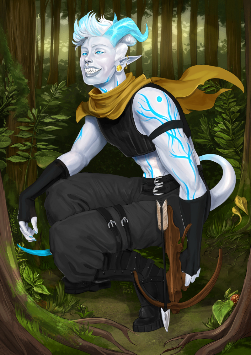 A digital painting of Feint, a white-skinned tiefling with short-cropped hair crouching in a forest and grinning at the camera.