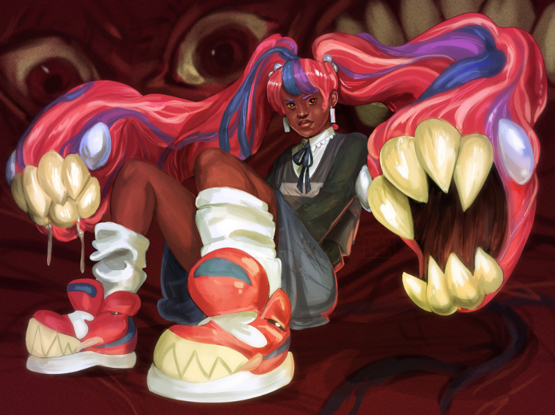 A digital painting of Gore-ia, a girl with meat for hair and teeth on the ends of her pigtails. she is sitting in a meat-filled environment with eyes on the walls.