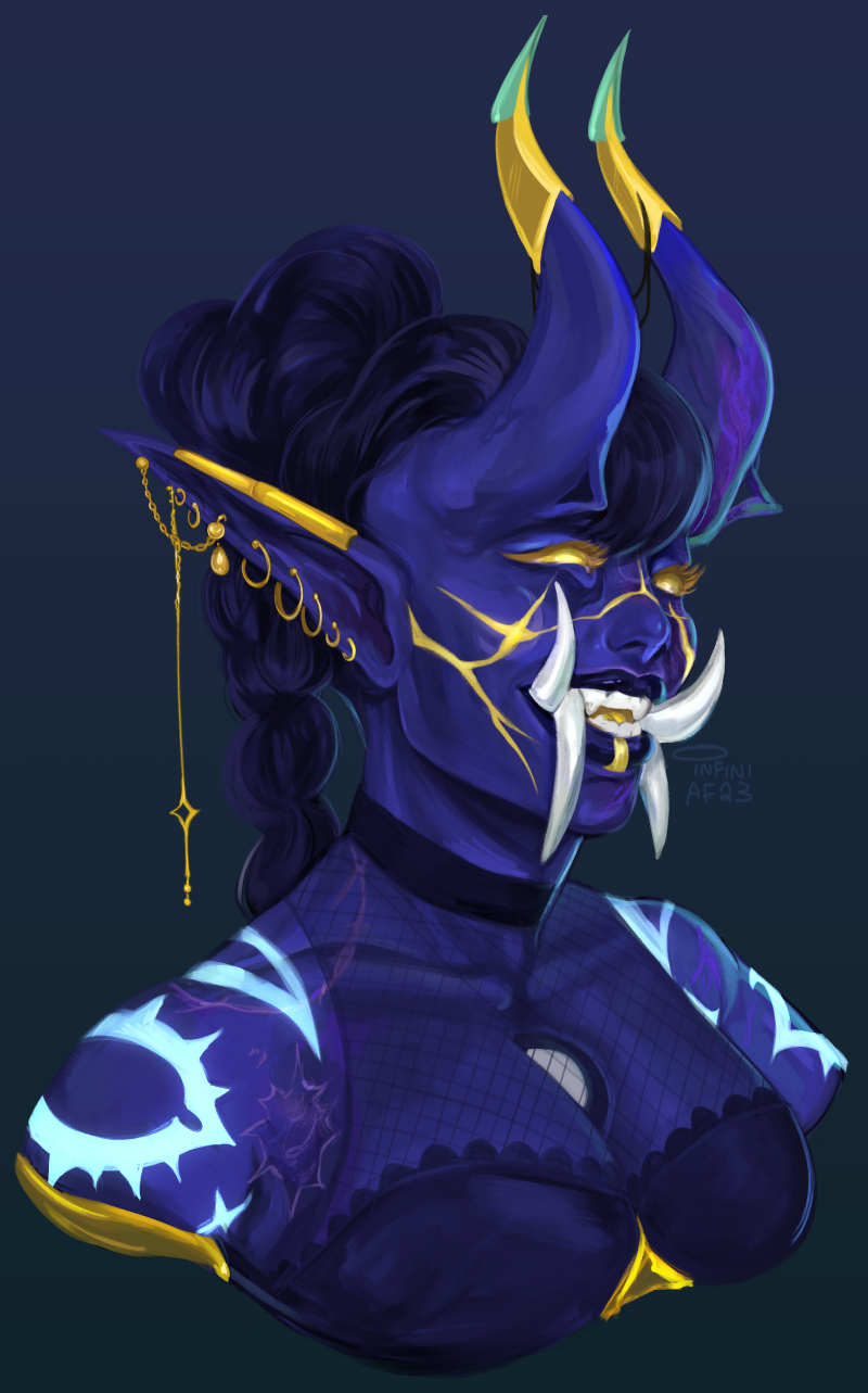 Digital bust portrait of Havoc, a blue-skinned tiefling woman with tusks against a blue background.