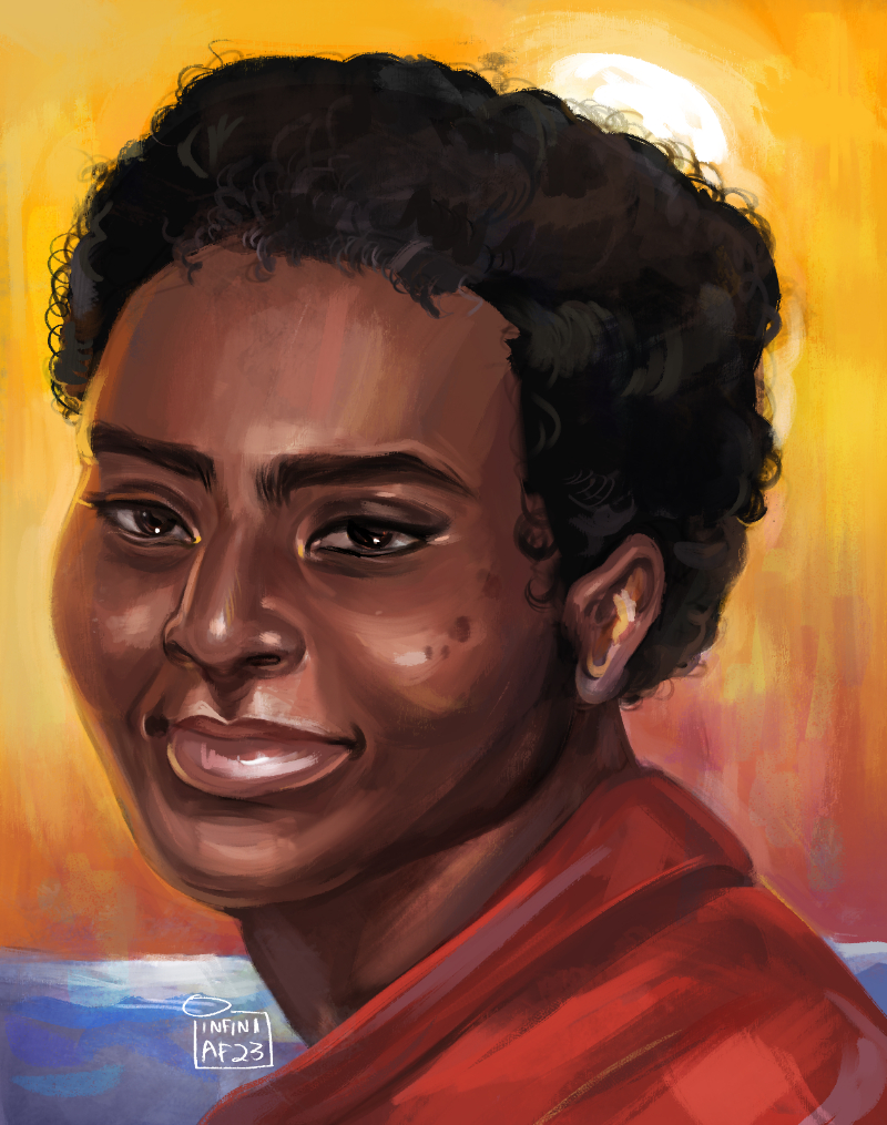 Digital bust painting of Huntress Yaev, a short-haired older woman against a sunset. She smiles into the camera.