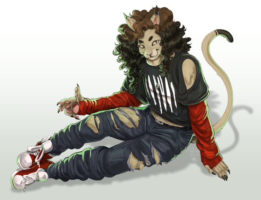 Digital painting of Jace, an anthropomorphic cat humanoid with brown fur and dark brown curly hair. They are wearing ripped clothing and sitting on the floor in a neutral position.