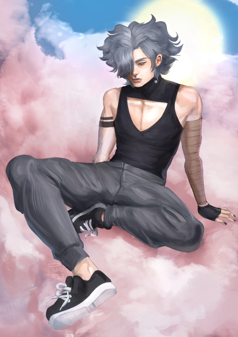 Digital painting of Victor, a pale-skinned human man with short gray hair sitting on a bed of pink clouds. His left arm is wrapped in bandages. The sun shines in the background.