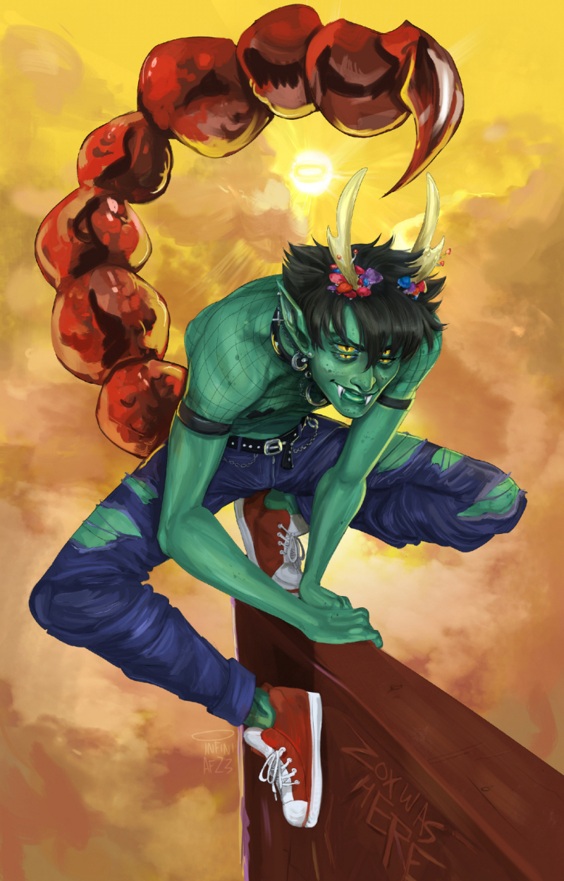 Digital painting of Zox, a green-skinned demon with mushrooms growing out of his head. He has a red scorpion tail. He is crouching on a brick wall with graffiti reading 'Zox was here'.