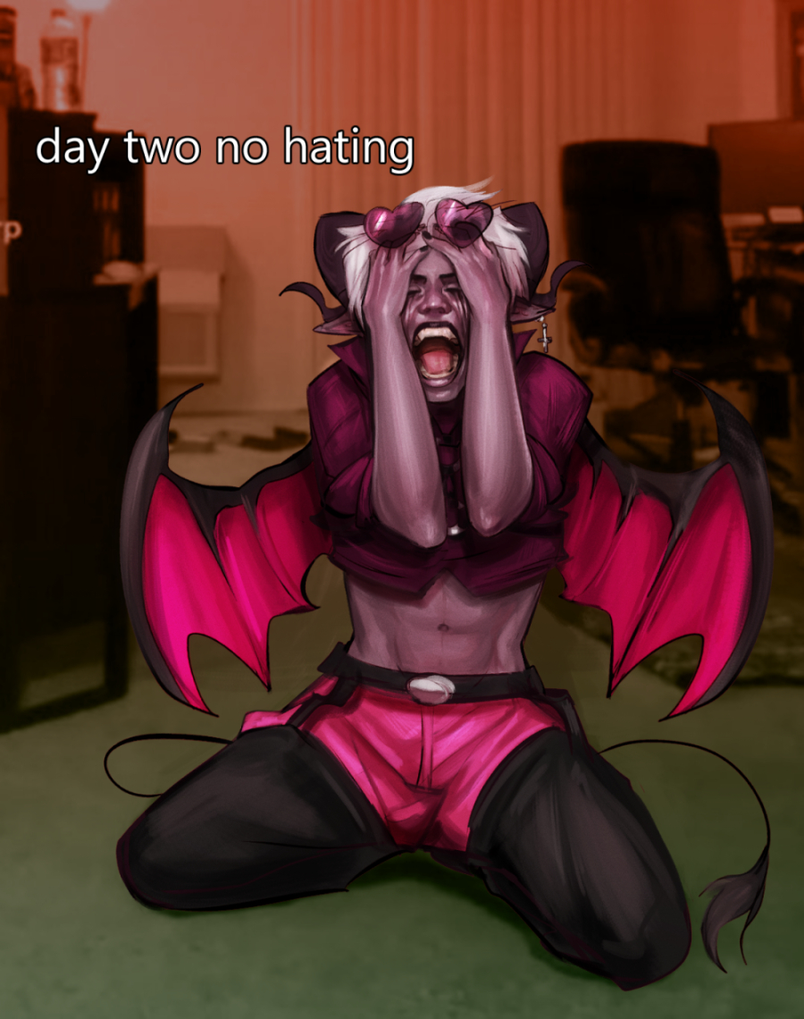 Meme redraw of a screenshot of a Tiktok. Barbie is on his knees, clutching his head as he screams, with text on the side reading 'day two no hating'.