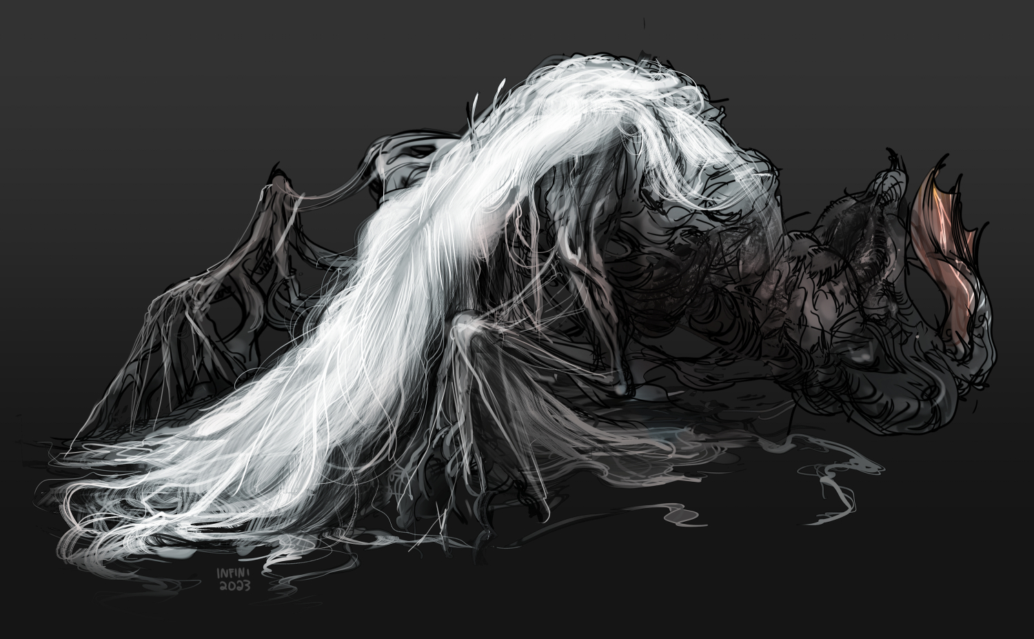 A digitally drawn depiction of a dessicated humanoid creature with long white hair that obscures most of it.