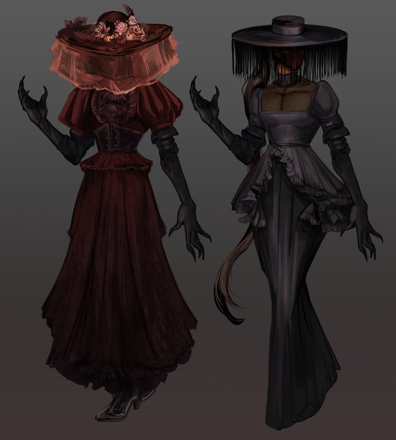 One set of outfits for the Director. The left is a dark red dress with puffy sleeves and a floral hat with a veil. The right is a black dress with a mesh cutout on the chest and a hat with tassels.