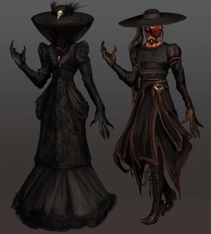 One set of outfits for the Director. The left is a black dress with a lace overlay, a red necklace, and a heavily veiled hat with a bird skull on the top. The right is a dark dress that is short enough to show their boots.