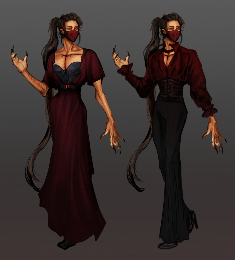 One set of casual outfits for the Director. The left is a dark red dress with short sleeves. The right is a red long sleeved shirt and black dress pants.