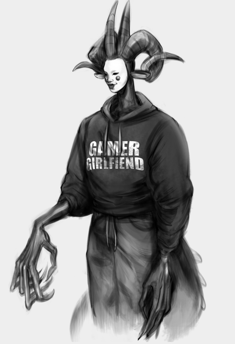 A grayscale sketch of the Faun, a four-horned humanoid with a harlequin mask, in a Gamer Girlfriend hoodie.