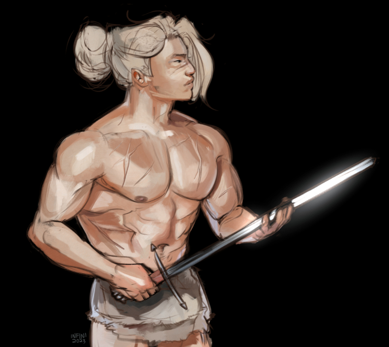 Digital drawing of Gawain standing shirtless with a sword.