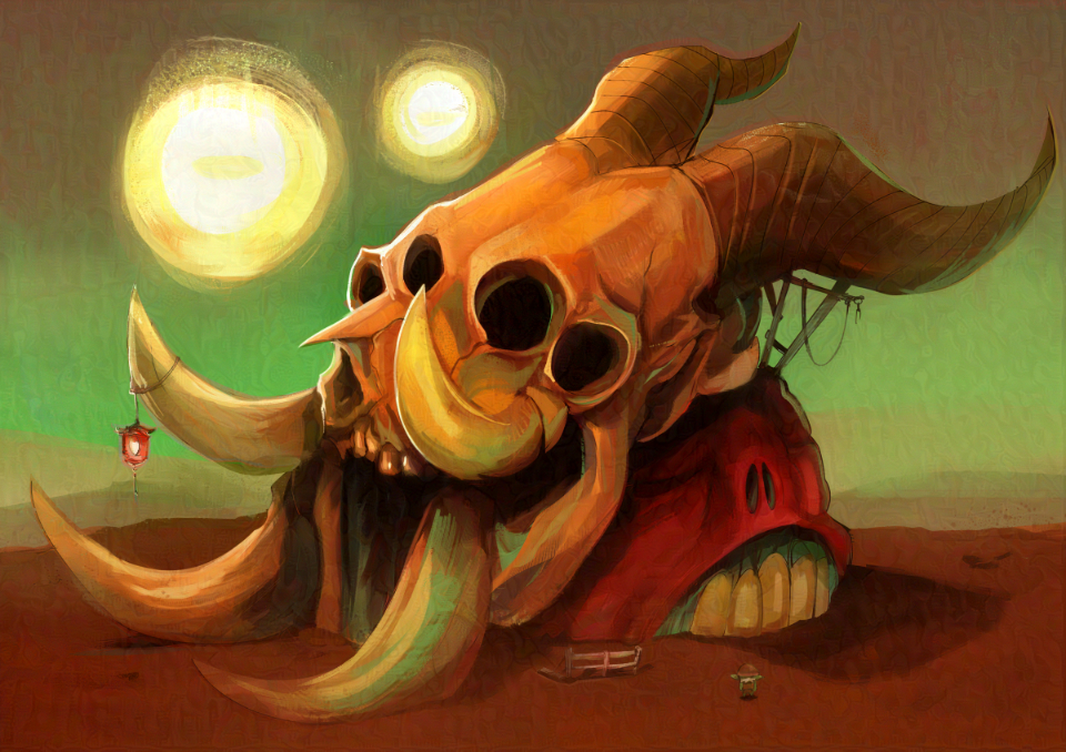 A digital drawing of a large goatlike skull acting as a building against a desert backdrop.