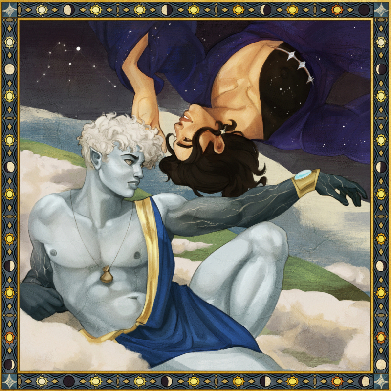 Painting of two characters, Ophiel and Celestian looking at each other in poses resembling <i>The Creation of Adam</i>. The border has suns and moons throughout.