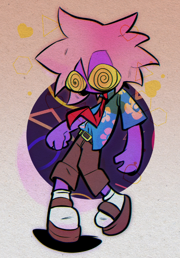 A colored sketch of the Host, a purple-skinned cartoonish humanoid in a blue flower-patterned shirt, red tie, khakhis, and shorts and socks standing against a paper background with a circle of abstract shapes centering them. They have a dazed stance.