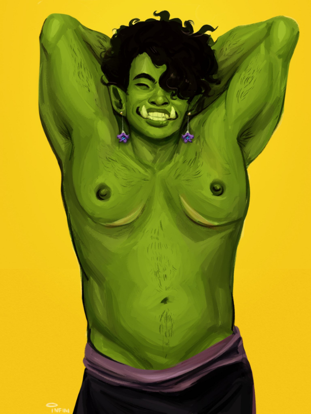 A digital drawing of Hyacinth, an orc man with curly dark hair, hyacinth earrings, and top surgery scars. His arms are behind his back and he is grinning at the camera.