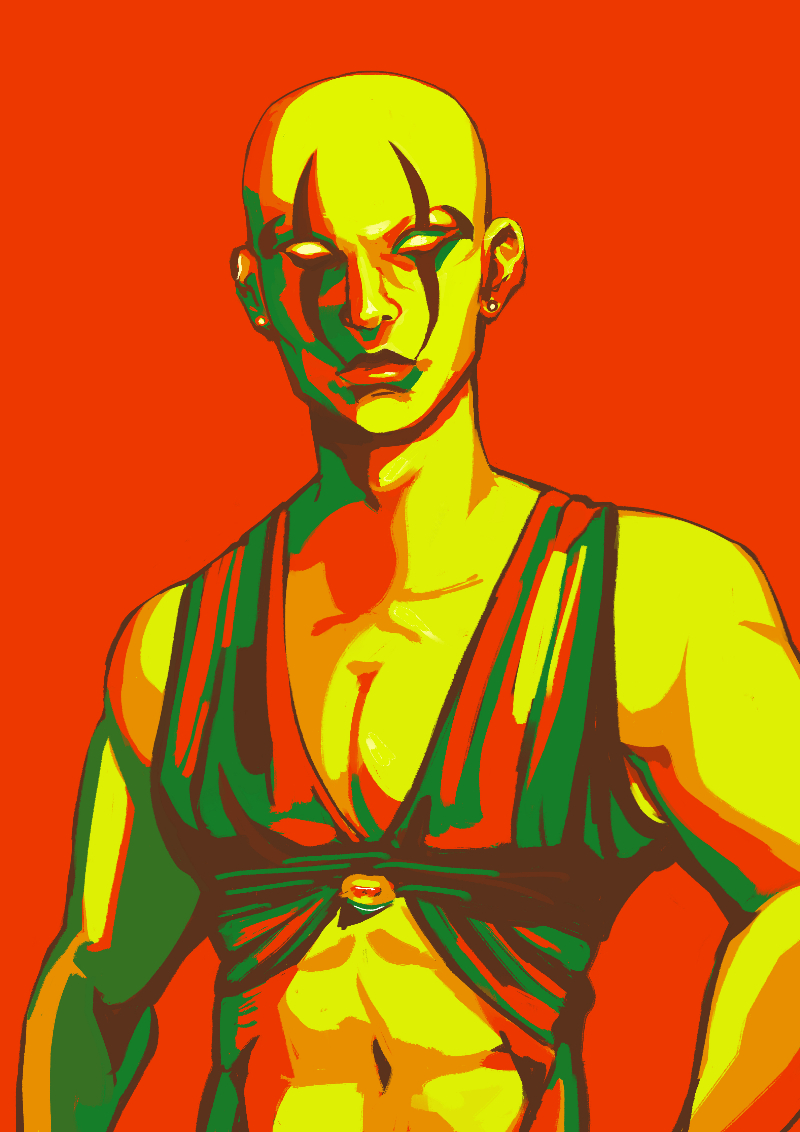 Limited palette painting of Mormo, a bald Goliath woman, in red, green, yellow, and brown colors.