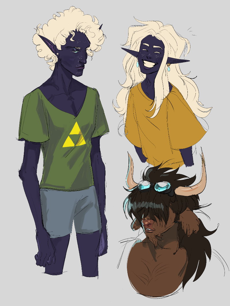 Three drawings of OCs. Two of are drow elves and one is of a firbolg styled after a Highland Cow.