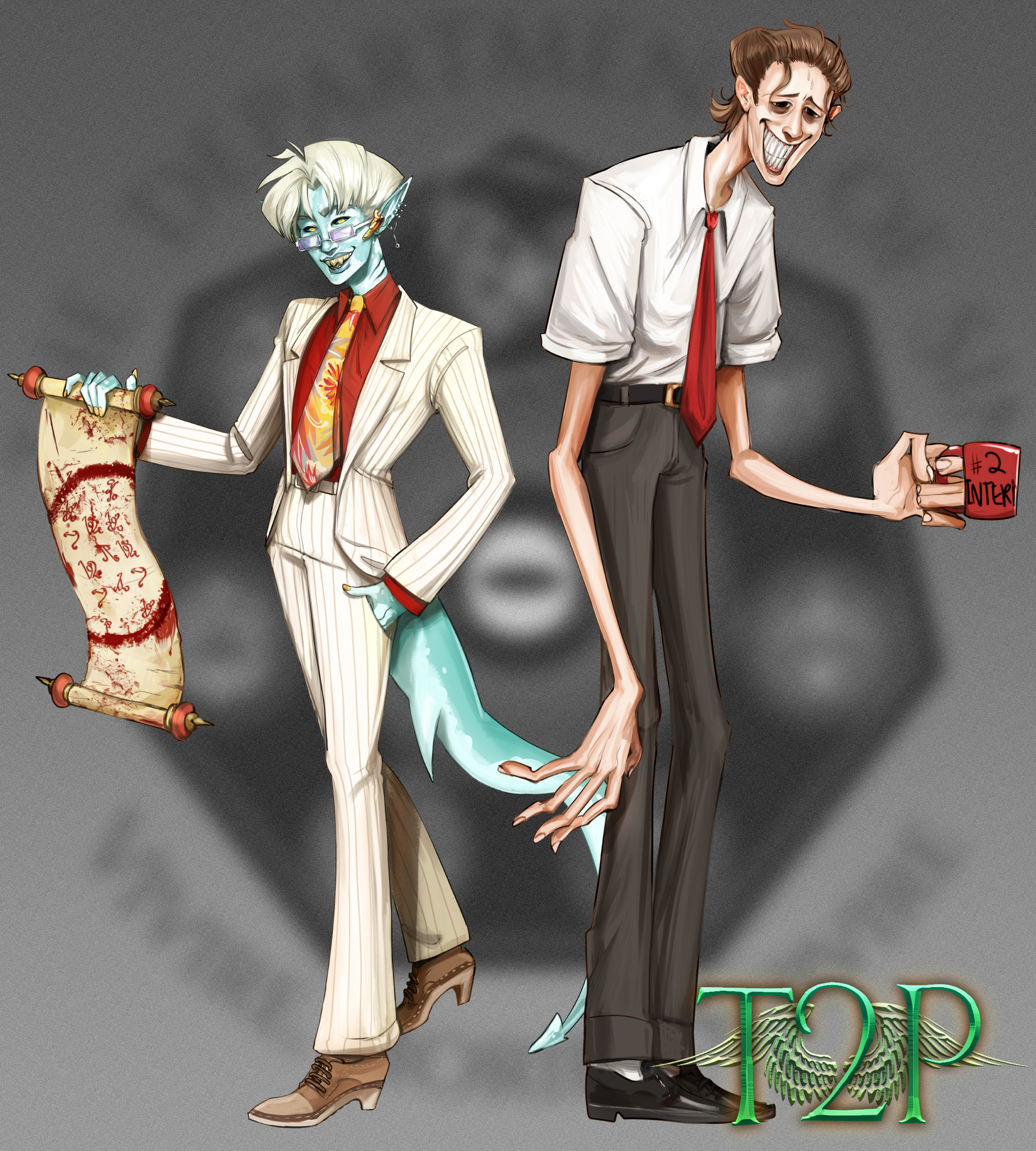 Two figures against a gray background. The left is a blue-skinned sharklike devil wearing a suit. The one on the right is a distorted humanoid devil wearing officewear, a grotesque and strained smile on his face.