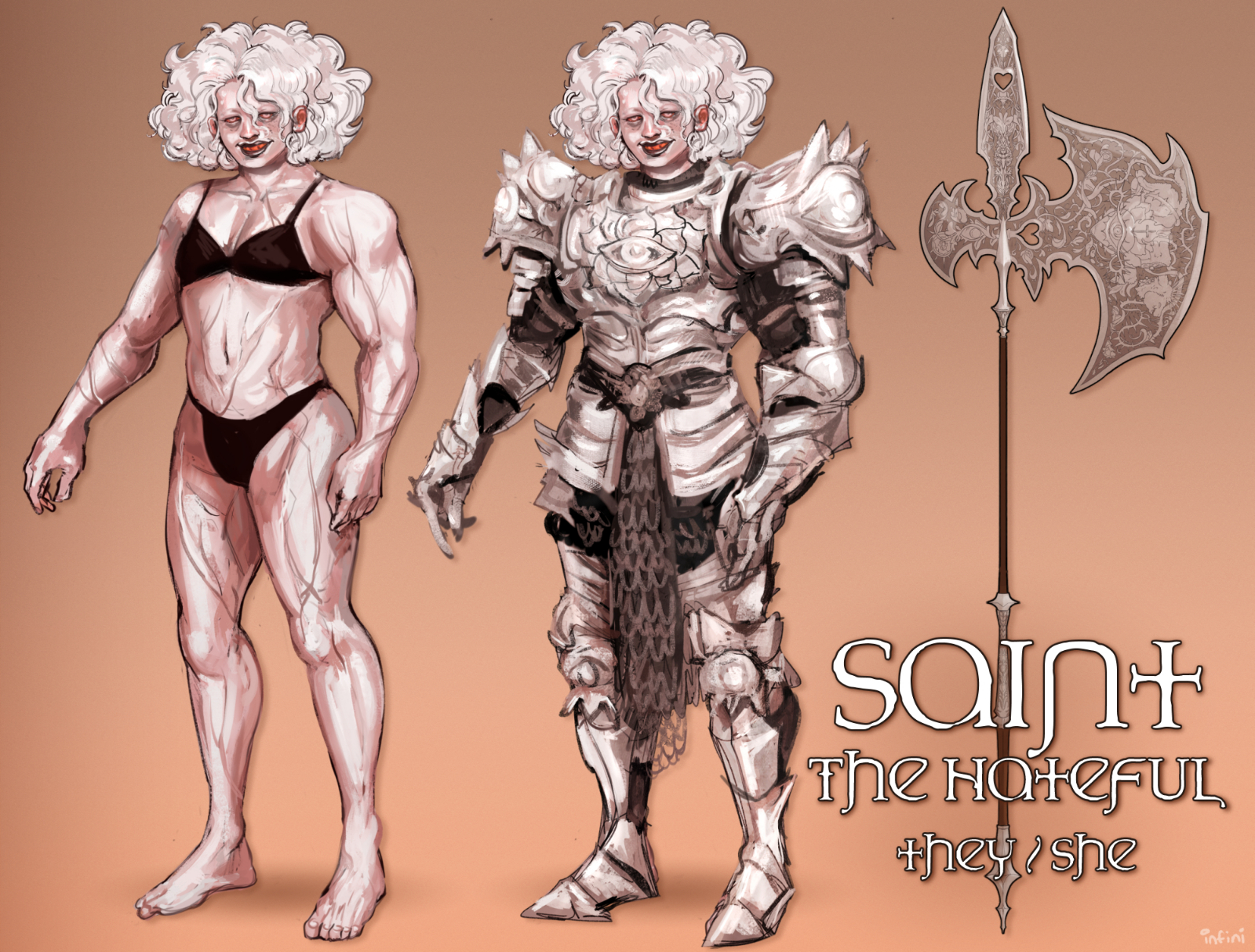 A digitally drawn reference sheet of Saint, a muscular humanoid woman with white hair and pale skin. There are two copies of them, one with armor and one without. There is a halberd next to them.