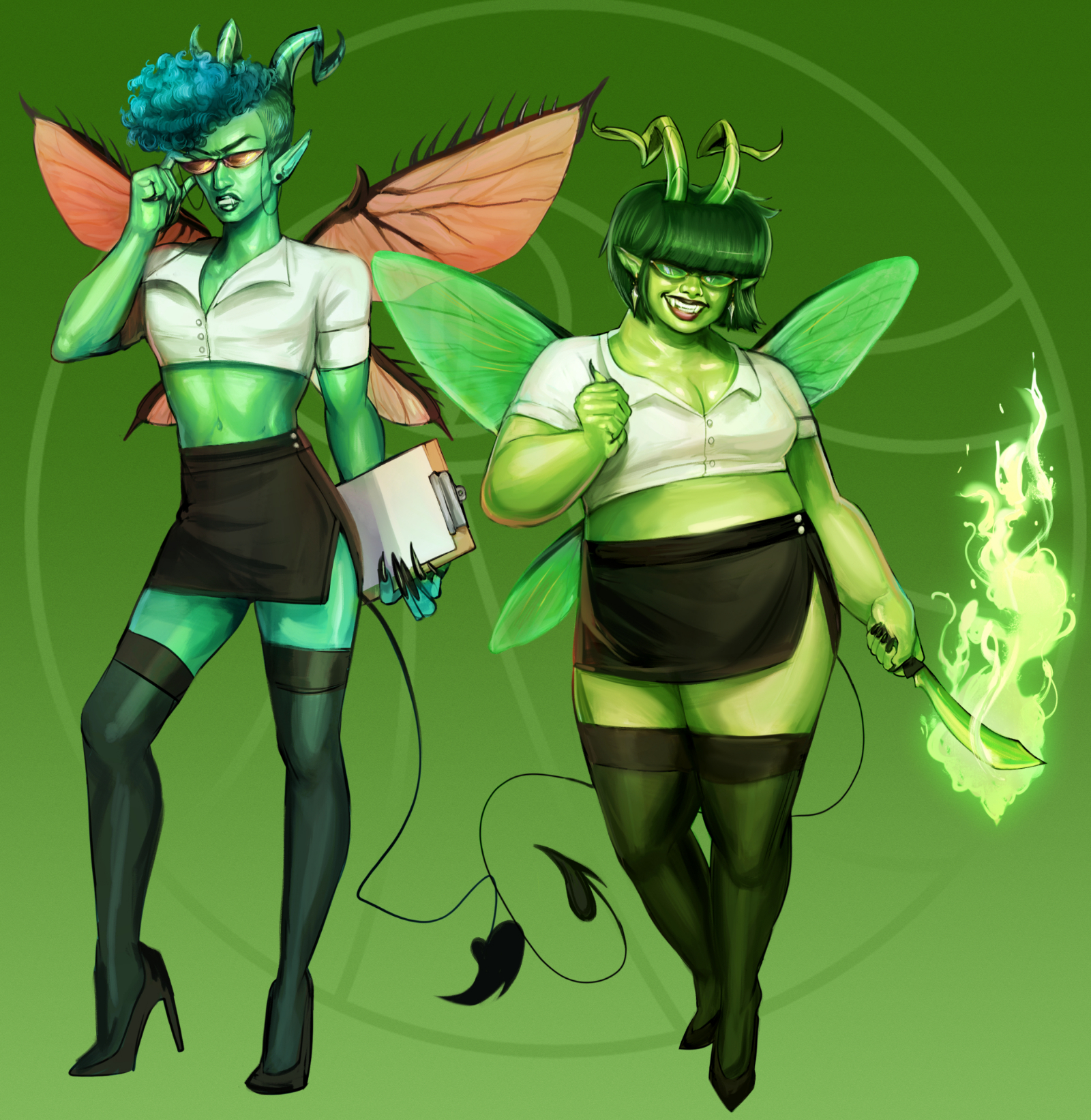 Two figures against a green background, both wearing the same secretary uniform. The one on the left has short curly blue hair and red wings, and is holding a clipboard. The one on the right is fat, has a short bob, green wings, and is holding a knife with green flames emanating from it.