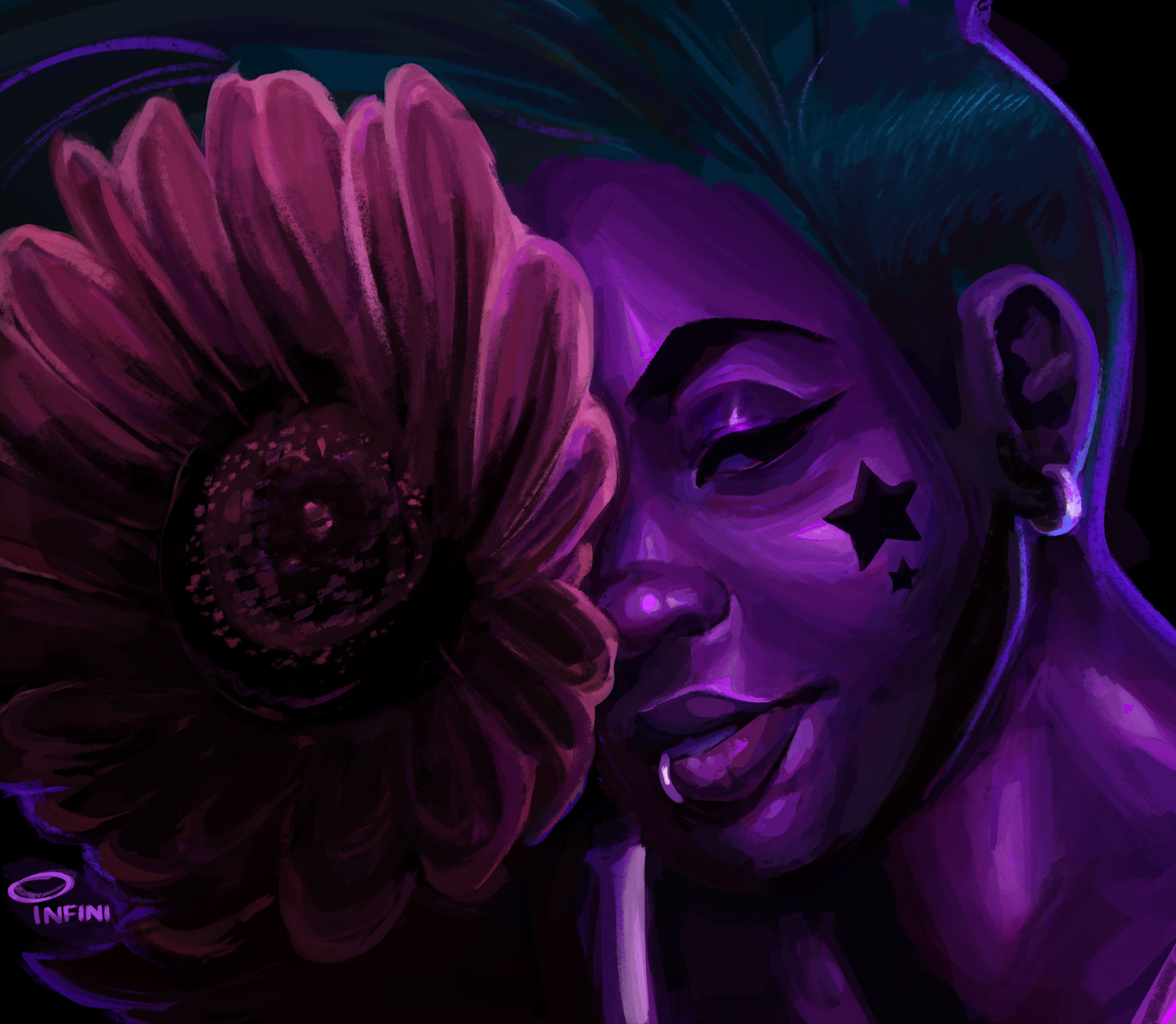 Painting of Starbuck with a sunflower.