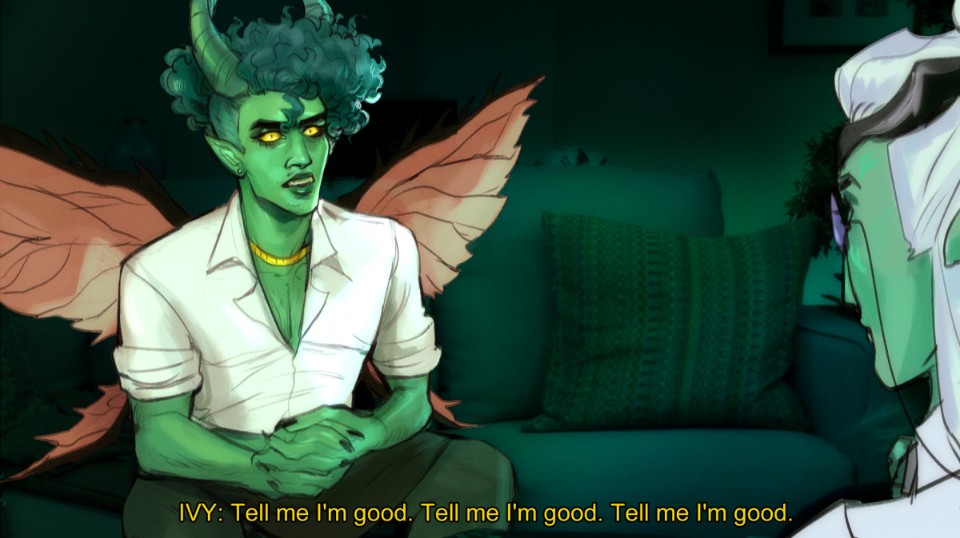 A digital redraw of an It's Always Sunny screenshot of Dee saying 'Tell me I'm good' three times, with Ivy talking to a partially offscreen character.