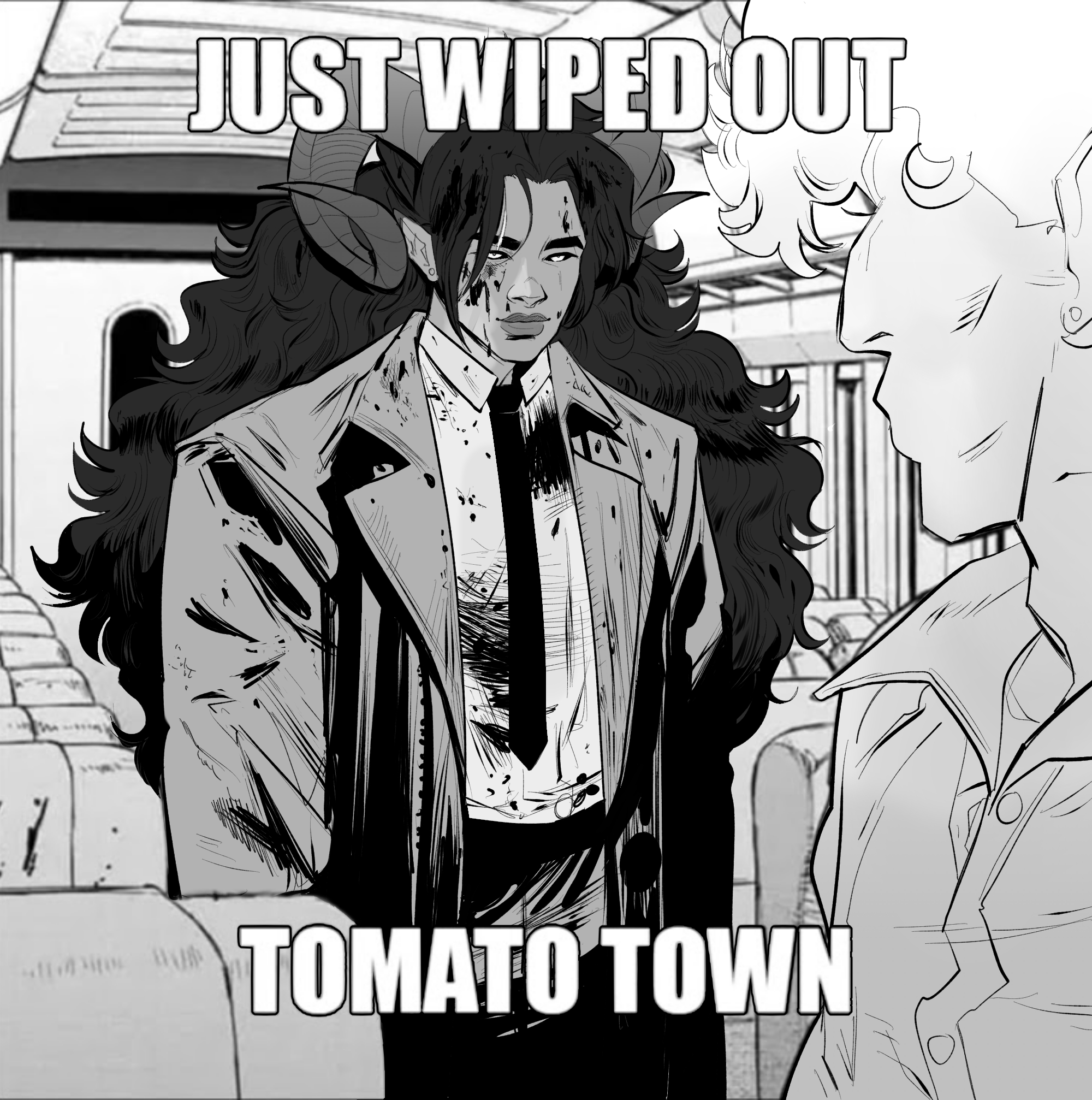 A redraw of a Chainsaw Man meme with Leonel facing a partially offscreen Ivy. Leonel is wearing a trenchcoat over a white collared shirt and tie, covered in blood, and staring at Ivy with an ominous smile. Overlaid text reads 'just wiped out tomato town' in Impact font.