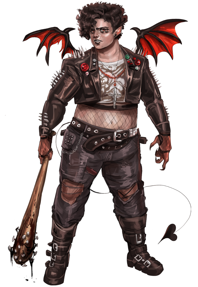 Fullbody picture of Roger, a humanoid devil wearing a studded leather jacket, boots, and ripped jeans. He has short curly dark hair and four eyes. He is holding a baseball bat dripping with black blood.